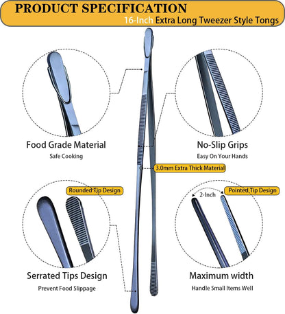JETKONG 2 Pcs 12-Inch Kitchen Tweezers Fine Tweezer Tongs, Extra-Long Stainless Steel Cooking Tweezers (Silver)