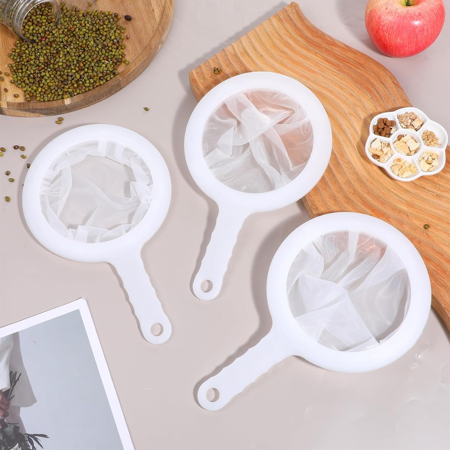 Ultra-Fine Nylon Mesh Strainer, 3 Pcs Mini Kitchen Colander Sieve, Small Nylon and Plastic Fine Meshes Sieve with Non-Slip Handle Hanging Hole for Coffee Tea Milk Juice Honey Broth (100/120/200 Mesh)