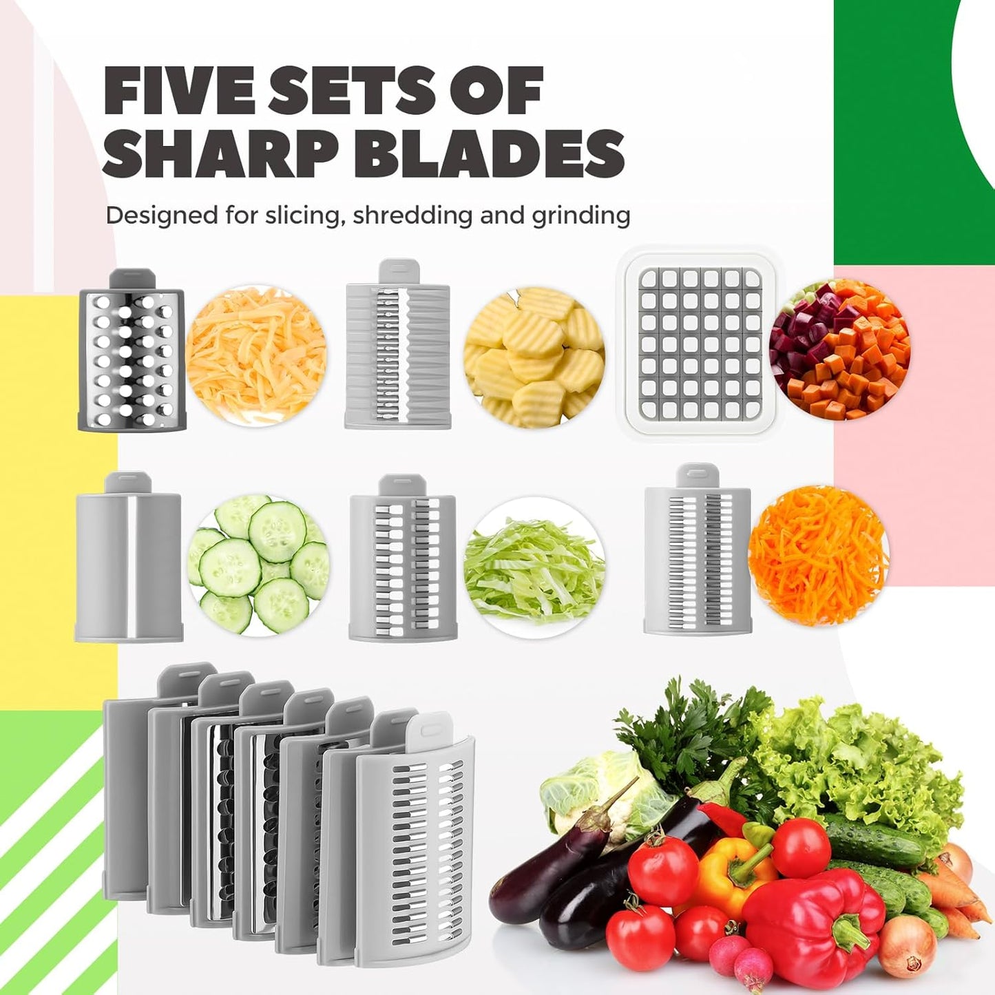 6-in-1 Multifunctional Rotary Cheese Grater with 11 Blades Dice Shred Slice Vegetable Chopper with Suction Base 360° Rotating Handle Safety Push Cup Multi Food Slicer Dicer for Kitchen(White)