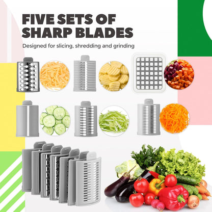 6-in-1 Multifunctional Rotary Cheese Grater with 11 Blades Dice Shred Slice Vegetable Chopper with Suction Base 360° Rotating Handle Safety Push Cup Multi Food Slicer Dicer for Kitchen(White)