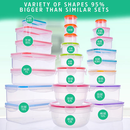 RockBerry 50 Pcs Large Food Storage Containers with Lids Airtight-85 OZ to small Containers-Total 526OZ Stackable Kitchen Set -BPA Free Leak proof containers- Freezer Microwave safe
