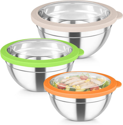 TeamFar Mixing Bowls with Lids, 4.5/3/1.5 QT Stainless Steel Nesting Salad Bowls with Airtight Lids, For Serving/Mixing/Storing/Prepping, Healthy & Sturdy, Visible & Easy Clean, Khaki, Set of 3