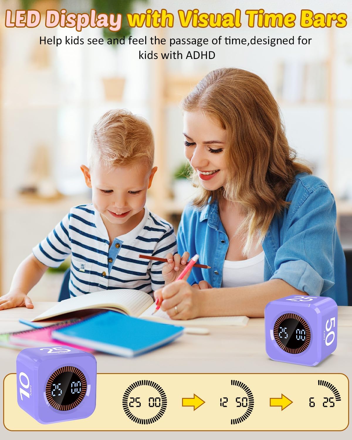 Digital Pomodoro Timer Cube 5/10/25/50min, Visual Productivity Flip Timer for Kids Classroom Desk, Custom Countdown, Silent and Sound Mode for ADHD Study Work Game Kitchen (Orange)