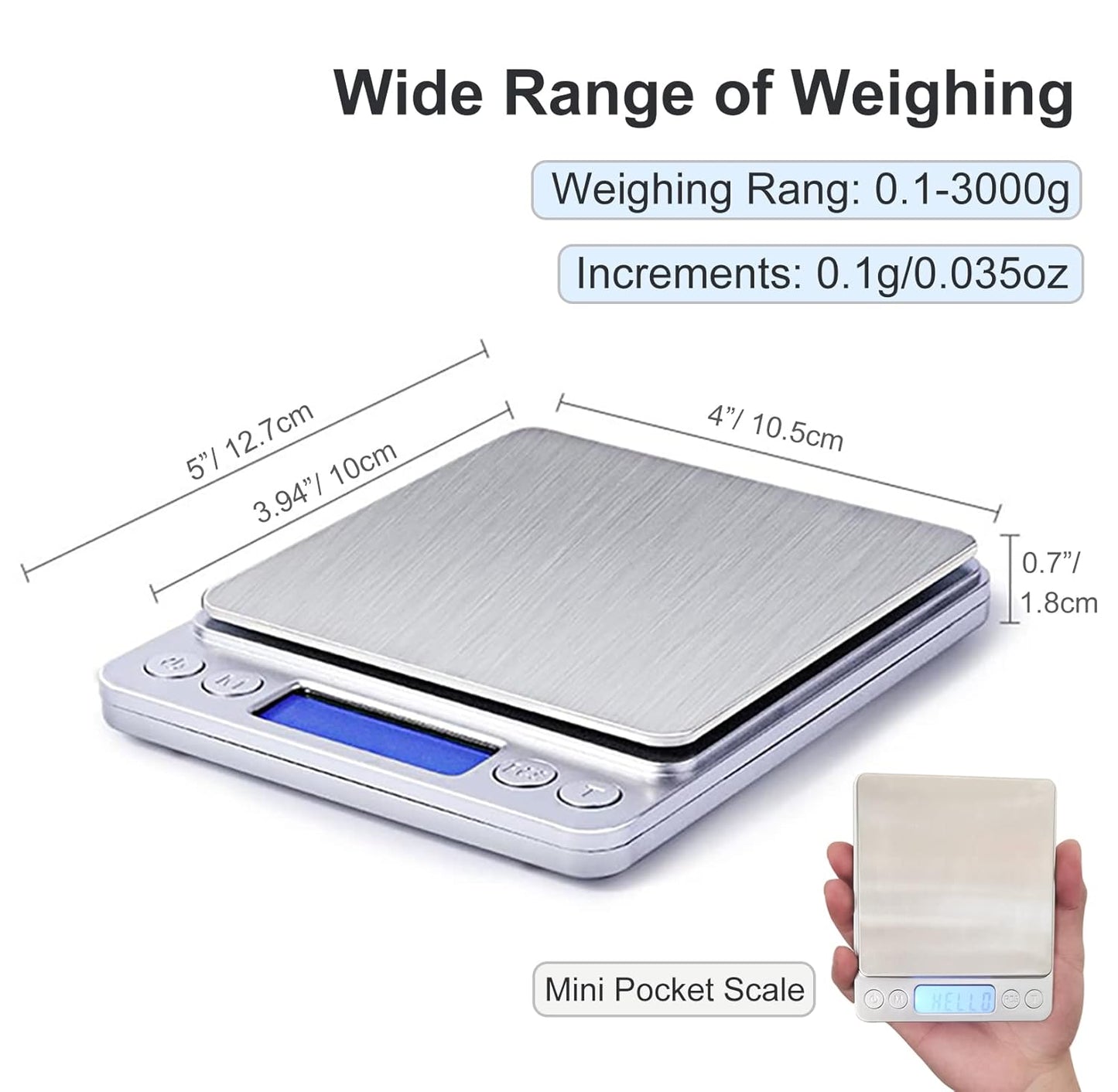 Food Scale Digital Weight Grams and Ounces, 0.001oz/0.01g 500g Kitchen Scale for Food with Backlight LCD Display, Tare, 9 Units, Auto Off, 2 Trays, Batteries Included - Stainless Steel