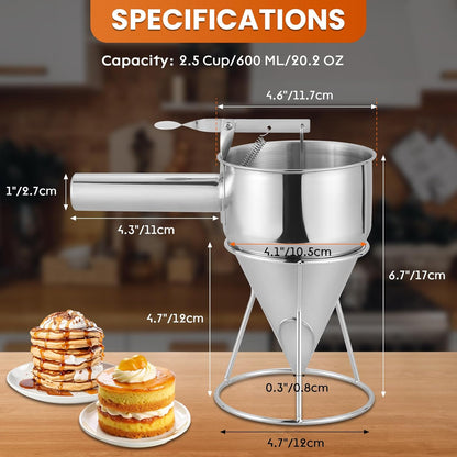 1200ML/40OZ Stainless Steel Pancake Batter Dispenser, Piston Funnel Dispenser with Stand Detachable Handle for Takoyaki Baking Cake Desserts with 4PCS Nozzles