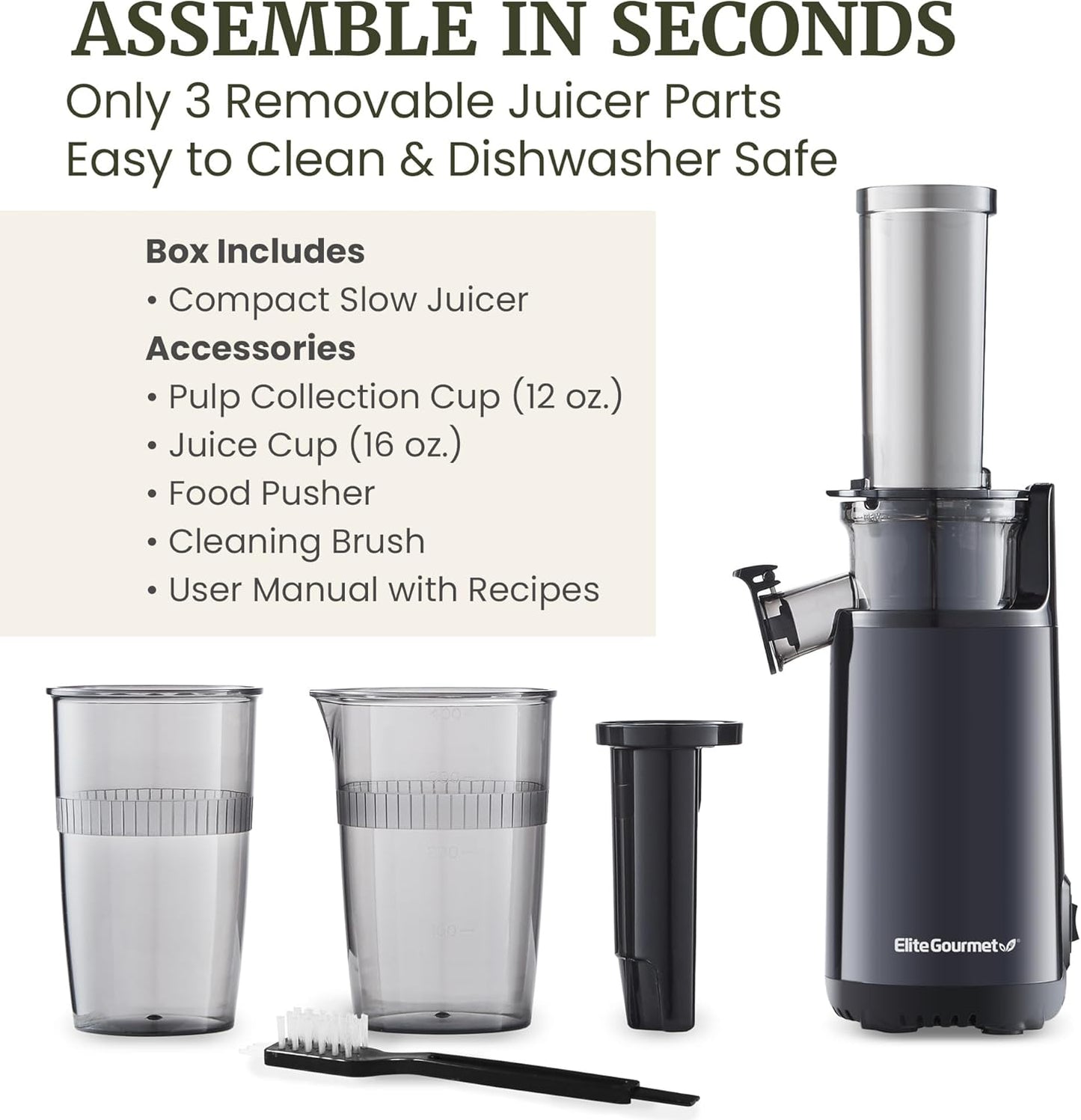 Elite Gourmet EJX600 Mini Compact Small Space-Saving Masticating Slow Juicer Cold Press Juice Extractor, Nutrient and Vitamin Dense, BPA-Free Tritan, Easy to Clean, 16 oz Juice Cup, Charcoal Grey