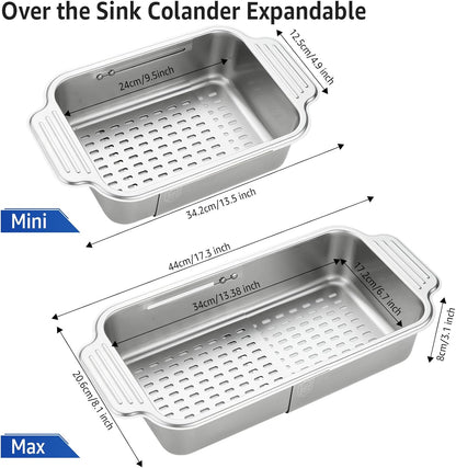pollock 4 In 1 Collapsible Sink Colander for Kitchen Food Grade 304 Stainless Steel Over the Strainer Extend Drain Basket Washing Vegetable Fruits,Dishes