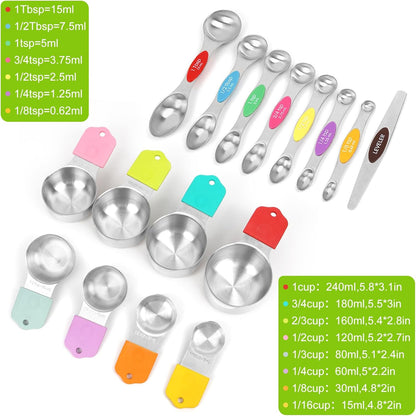 Magnetic Measuring Cups and Spoons Set | 16-Piece Stainless Steel Metal Baking Essentials (8 Cups +7 Spoons + 1 Leveler) with Space-Saving Design | Cookware Gift Idea