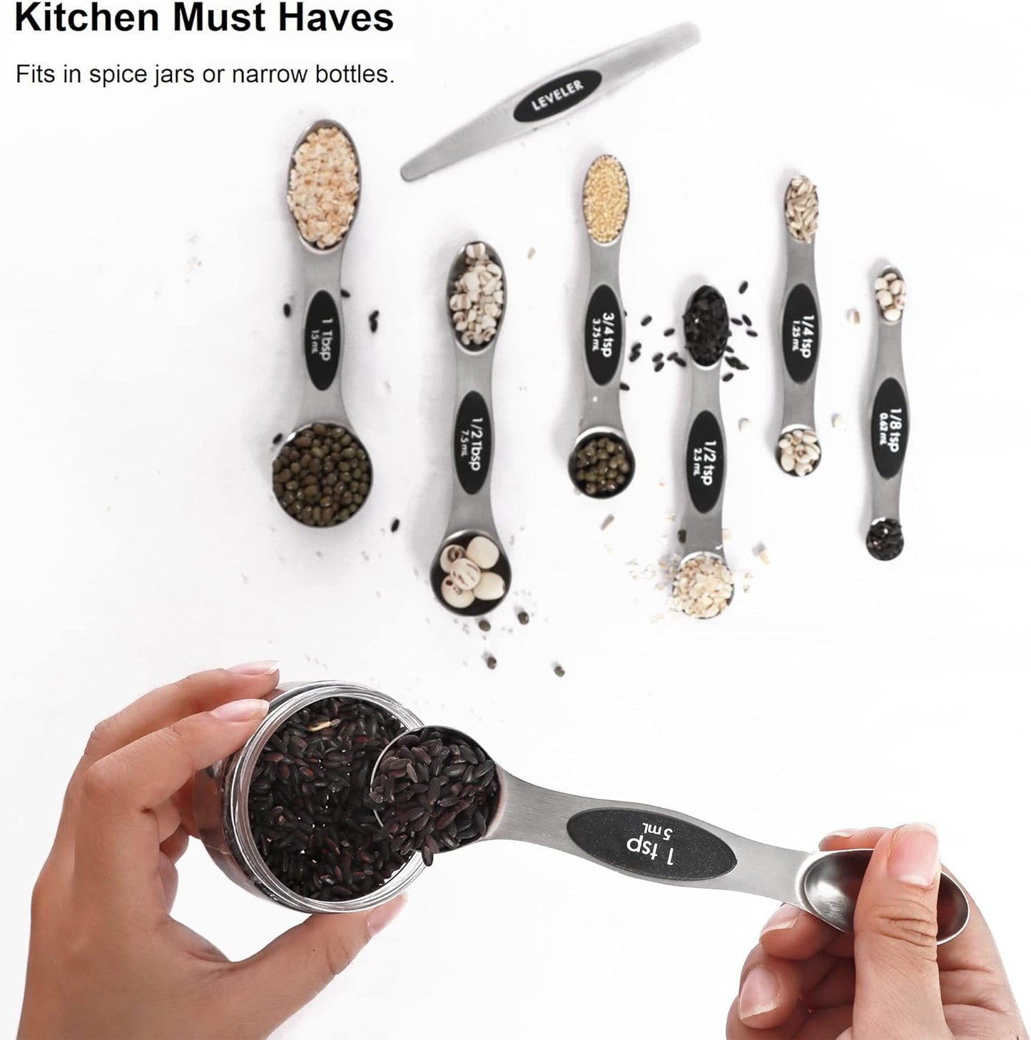 Magnetic Measuring Spoons Set Stainless Steel with Leveler, 8pcs Multicolors Measuring Cups Set for Baking, Measuring Cups and Spoon Set Kitchen Gadgets Apartment Essentials Fits in Spice Jars