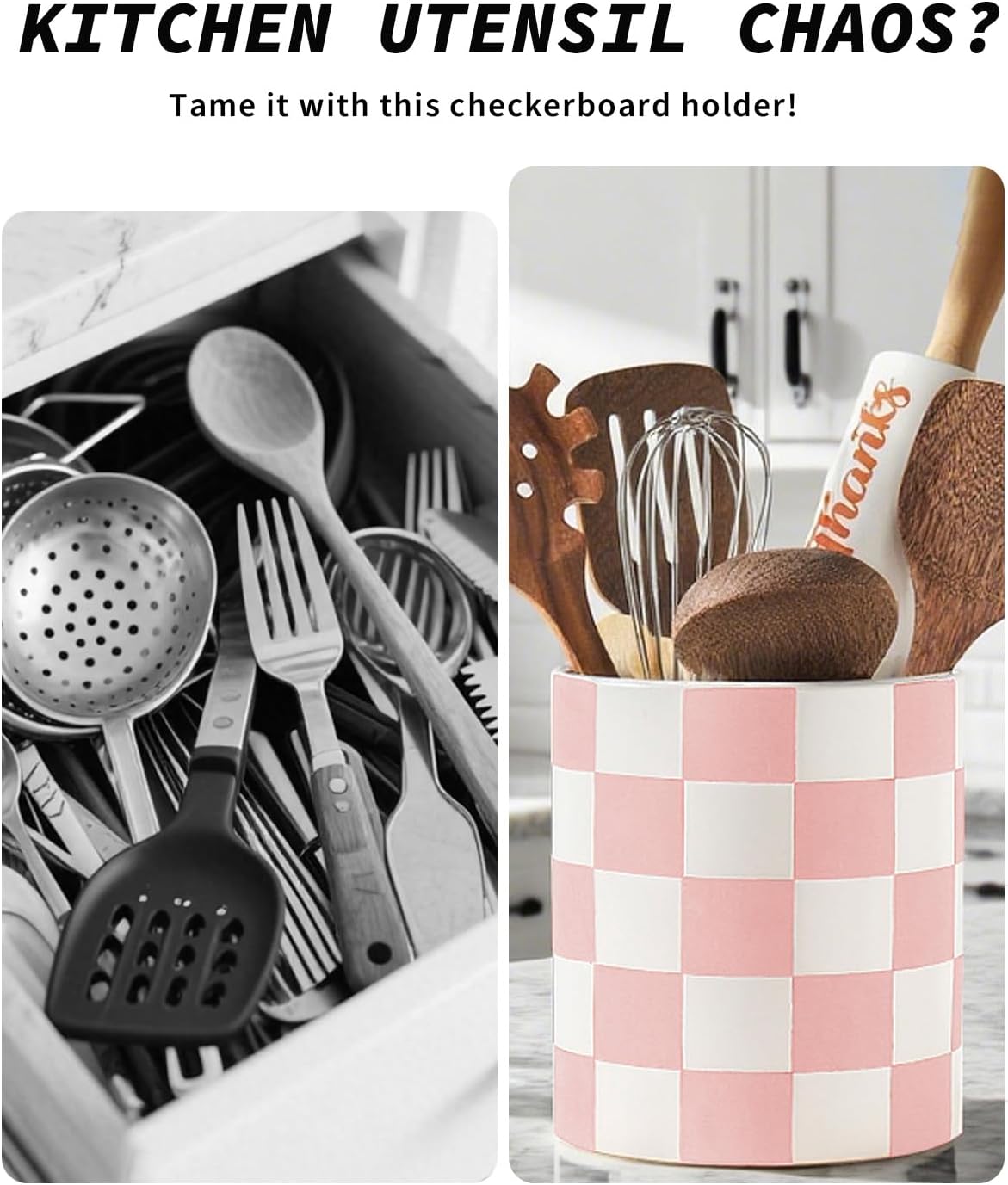 Checkered Kitchen Utensil Holder - 7.2" Ceramic Utensil Crock for Countertop, Kitchen Decor and Accessories for counte (Black)