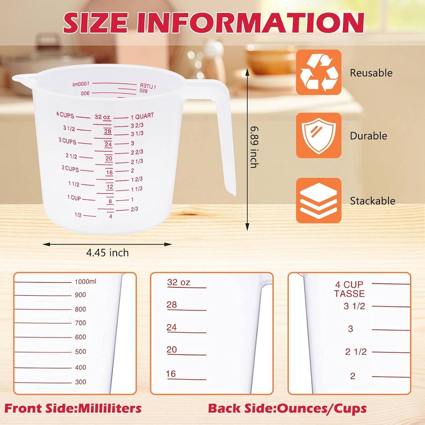16 Pcs 4 Cup Capacity Plastic Measuring Cup, 32 Oz/1000 ml Clear Graduated Measuring Cups Plastic Mug with Spout and Handles Ounce and Ml Cup Marking for Recipe Ingredient, Flour, Water, Liquid