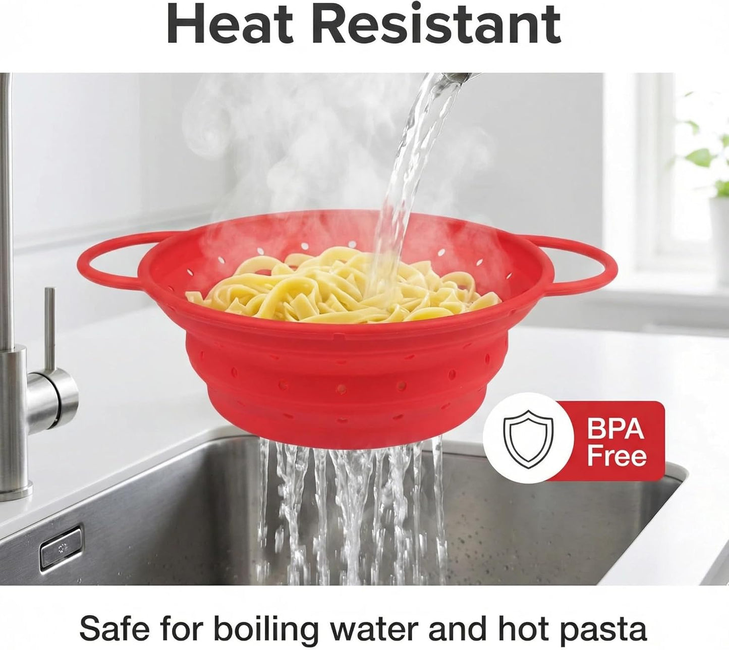 Collapsible Silicone Colander with Handles, Round Strainer with Stainless Steel Rim, Space Saving Kitchen Tool for Fruits & Vegetables,BPA-Free,Heat-Resistant Pasta Drainer(White, L)