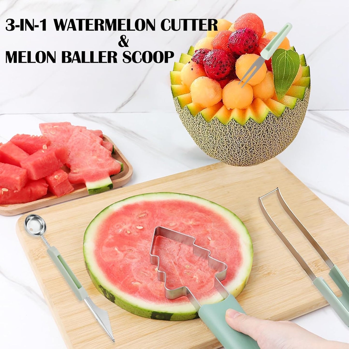 3-in-1 Watermelon Cutter Slicer Tool,Stainless Steel Watermelon Cutter Melon Baller Scoop Set Chriatmas Tree Popsicle Tool Watermelon Knife Fruit Slicer Fruit Carving Tools for Kitchen Utility Gadgets