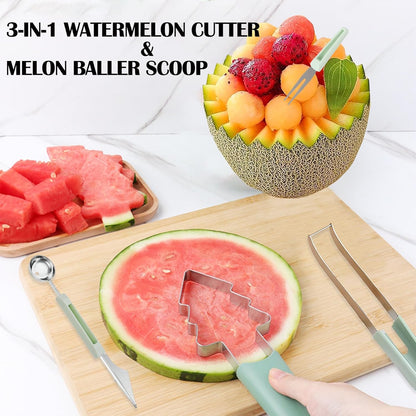 3-in-1 Watermelon Cutter Slicer Tool,Stainless Steel Watermelon Cutter Melon Baller Scoop Set Chriatmas Tree Popsicle Tool Watermelon Knife Fruit Slicer Fruit Carving Tools for Kitchen Utility Gadgets