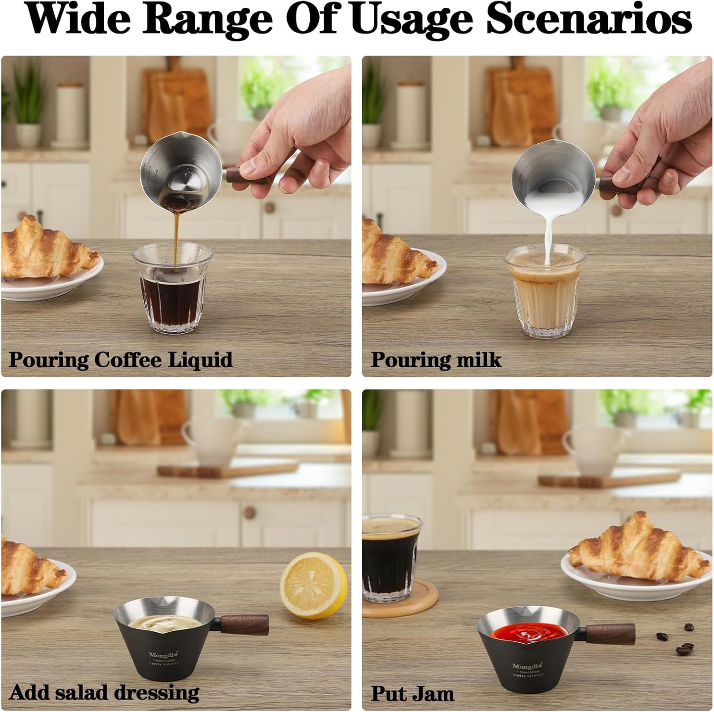 Mongdio Espresso Measuring Cup, Stainless Steel Espresso Shot Cups with Wooden Handle and Double Spouts, 6.8OZ/200ML, White