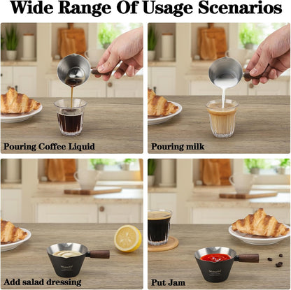 Mongdio Espresso Measuring Cup, Stainless Steel Espresso Shot Cups with Wooden Handle and Double Spouts, 6.8OZ/200ML, White