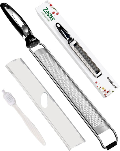 Ourokhome Kitchen Lemon Zester, Stainless Steel Hand Held Parmesan Cheese Grater for Ginger, Chocolate, Coconut, Lime, Nutmeg, Citrus, Fruit, Vegetable with Cleaning Brush, Dishwasher safe, Blue