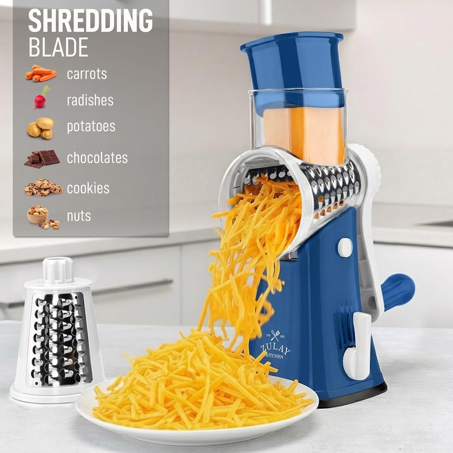 Zulay Kitchen Rotary Cheese Grater 5 Blade Cheese Shredder - Manual Hand Crank Cheese Grater With Reinforced Suction & 5 Interchangeable Drums - Easy to Use, Vegetable Chopper Round Mandoline Slicer - Colors B