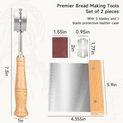 Hand Crafted Bread Lame Premium Sourdough Scoring Tool Bread Making Tools Set of 3 pieces Bread Knife(5 Blades) with Danish Dough Whisk and Dough Scraper Bread Cutter