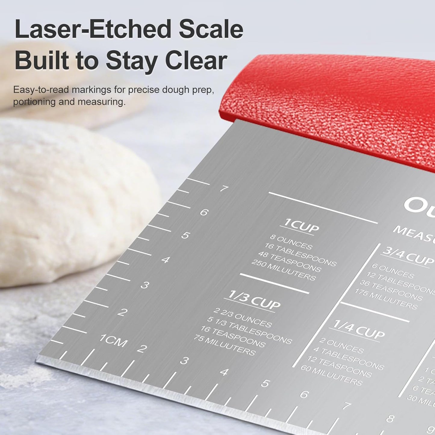Ourokhome 2 Pack Bench Scraper Dough Cutter, Stainless Steel Dough Scraper with Laser-Etched Scale, Conversion Chart, Non-Slip Handle, Dishwasher Safe for Bread & Pastry, Black
