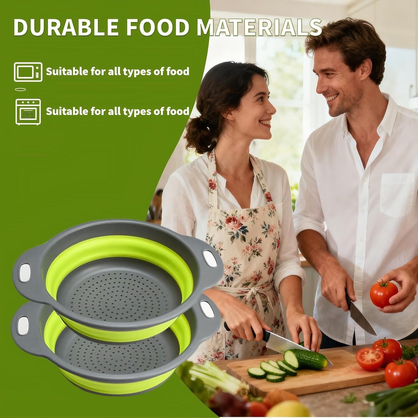 Silicone Colander Collapsible Strainers Set for Kitchen- 2 Pack (5Qt) -Over Home Draining Basket, Food Vegetables & Fruits-Dishwasher Safe, Space Saving Design (Greeen)