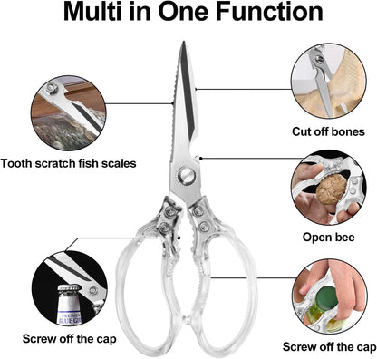 CGBE Kitchen Scissors, Multi-Purpose Kitchen Shears, Heavy Duty Dishwasher Safe Food Scissors for Chicken, Poultry, Fish, Meat & Herbs with Non-Slip Grips - Sliver