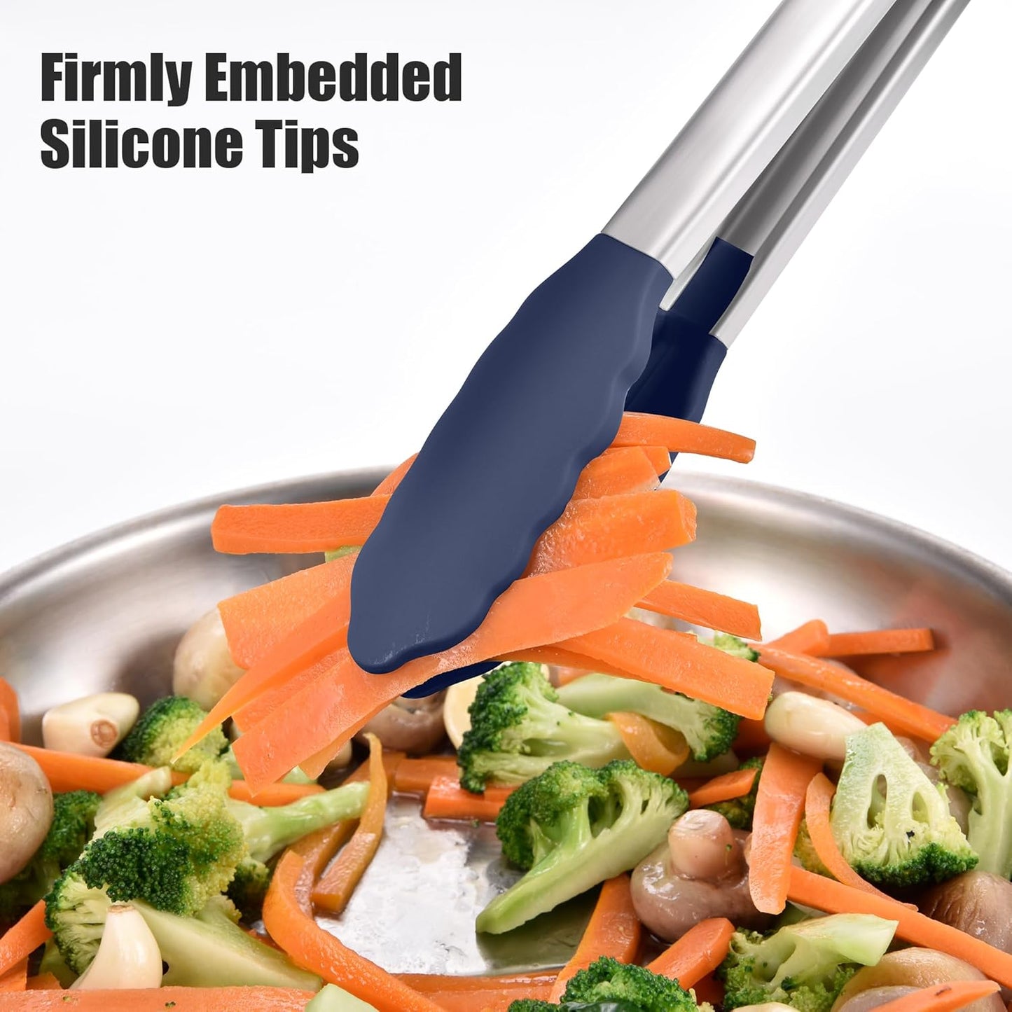 Doosu Kitchen Tongs for Cooking - 600°F Heat Resistant Food Tong Set with Non-Scratch Silicone Tips, Heavy Duty Stainless Steel Locking Tong for BBQ, Grilling Steak, Serving (7+9+12in, Navy Blue)