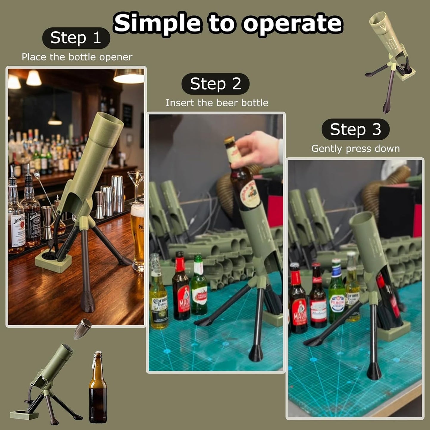 Mortar Bottle Opener, 51mm Beer Bottle Mortar Opener, Heavy-Duty Tactical Cap Launcher, Funny Hands-Free Push Down Bottles Cap Launcher, Home Party Bar Desk Decor