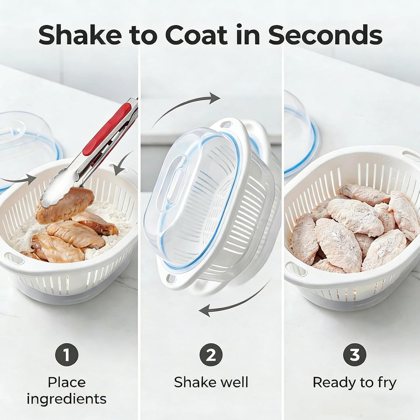 Batter Bowl, Breading Bowl with Lid Flour Shaker for Seasoning Fried Chicken, Fish, Shrimp, Just Flip (Blue)
