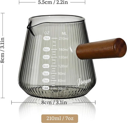 Joeyan 7 oz Glass Measuring Cup, Espresso Shot Glasses with Spout and Wooden Handle, Clear Milk Frothing Pitcher, Wave Shaped Borosilicate Espresso Bar Accessories for Coffee