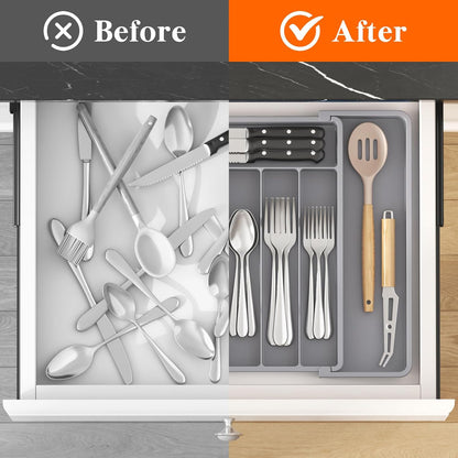 Lifewit Silverware Drawer Organizer, Expandable Utensil Tray for Kitchen, BPA Free Flatware and Cutlery Holder, Adjustable Plastic Storage for Spoons Forks Knives, 11-18 x 14", Black