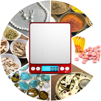 (Upgraded) AMIR Digital Kitchen Scale, 500g Mini Pocket Jewelry Scale, Food Scale, Coffee Scale, Back-Lit LCD Display, 2 Trays, 6 Units, Auto Off, Tare, PCS, Stainless Steel (Batteries Included)