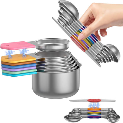 Magnetic Measuring Cups and Spoons Set - 304 Stainless Steel | Dual-sided Design | Set of 15 with Leveler | Strong N52 Magnetic Nesting Design | for Dry & Liquid Ingredients (Black)