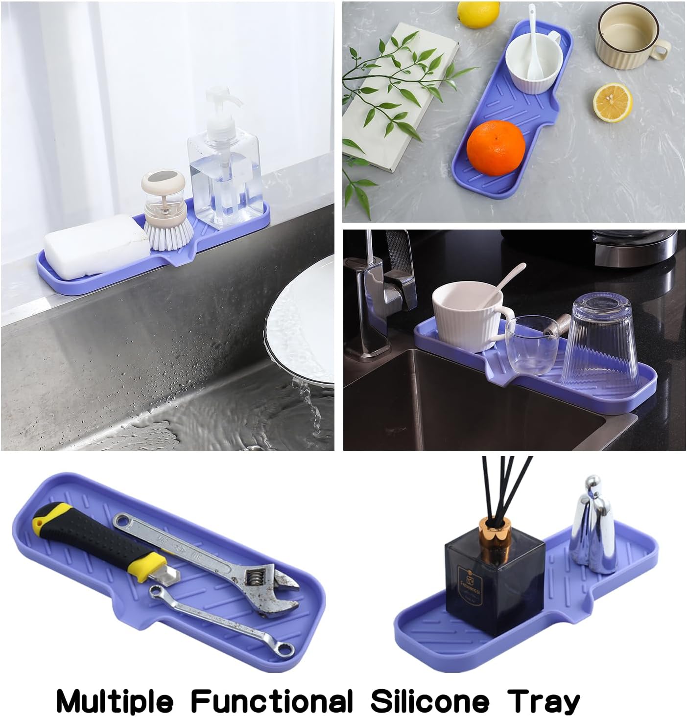 MicoYang Silicone Soap Dish with Drain Spout, Self-Draining Sink Organizer Tray for Bathroom and Kitchen, Sponges, Dispensers and Soap Holder, Non-Slip and Dishwasher Safe, Black (Compact, 4.9"×3.2")