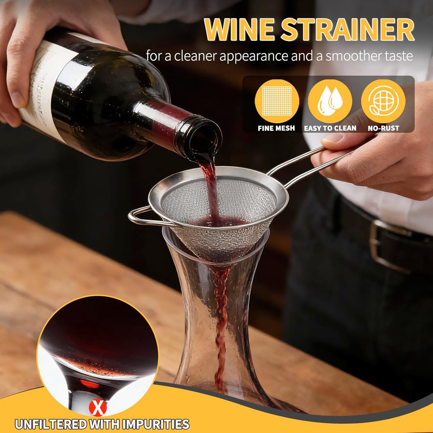 Wine Strainer for Sediment, Fine Mesh Strainer for Kitchen, Made of 304 Stainless Steel, for Smoother Taste, No-Rust, Cone Shape with Rest and Long Handle, Ideal for Wine Decanter, Silver