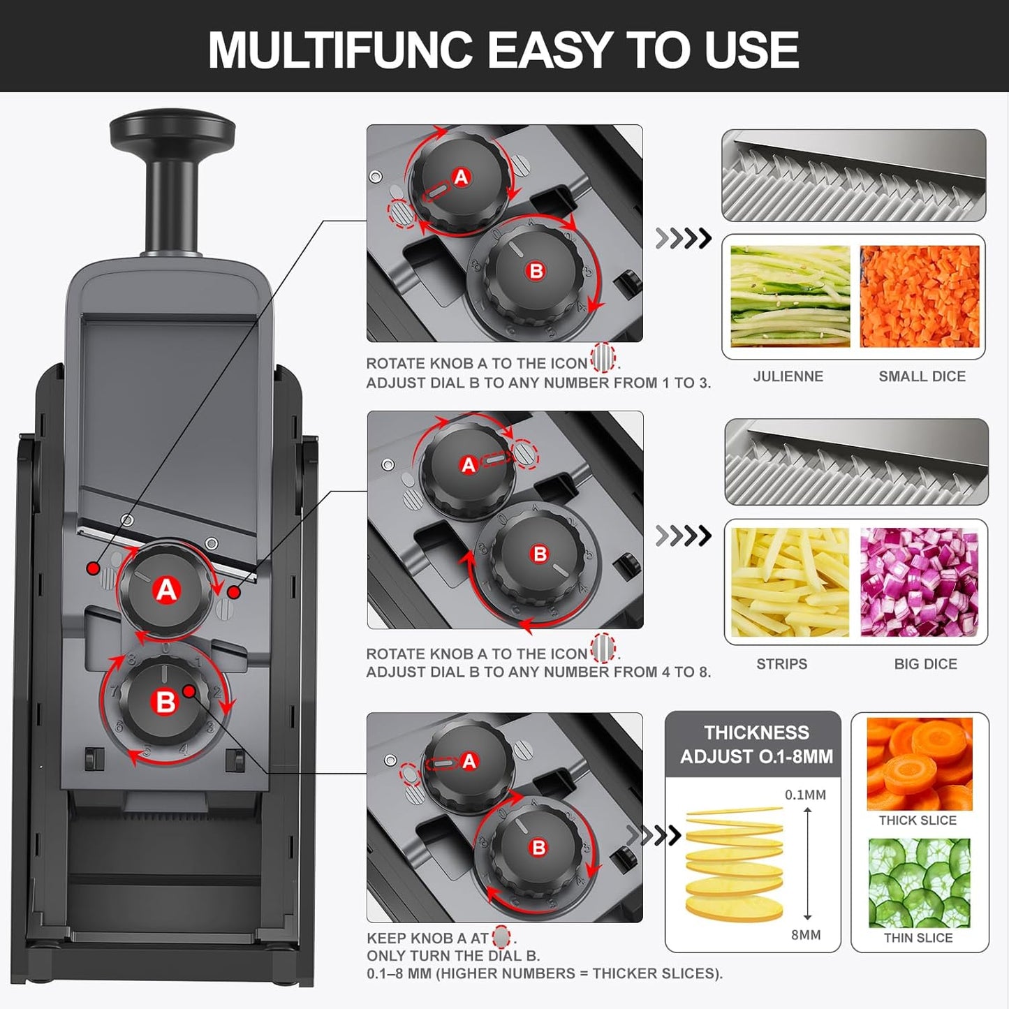 QYKIC Upgrade Safe Mandoline Slicer for Kitchen, Vegetable Chopper and Slicer, Potato Slicer Thickness Adjuster, French Fry Cutter, Veggie Onion Dicer Faster Kitchen Mandolin for Meal Prep
