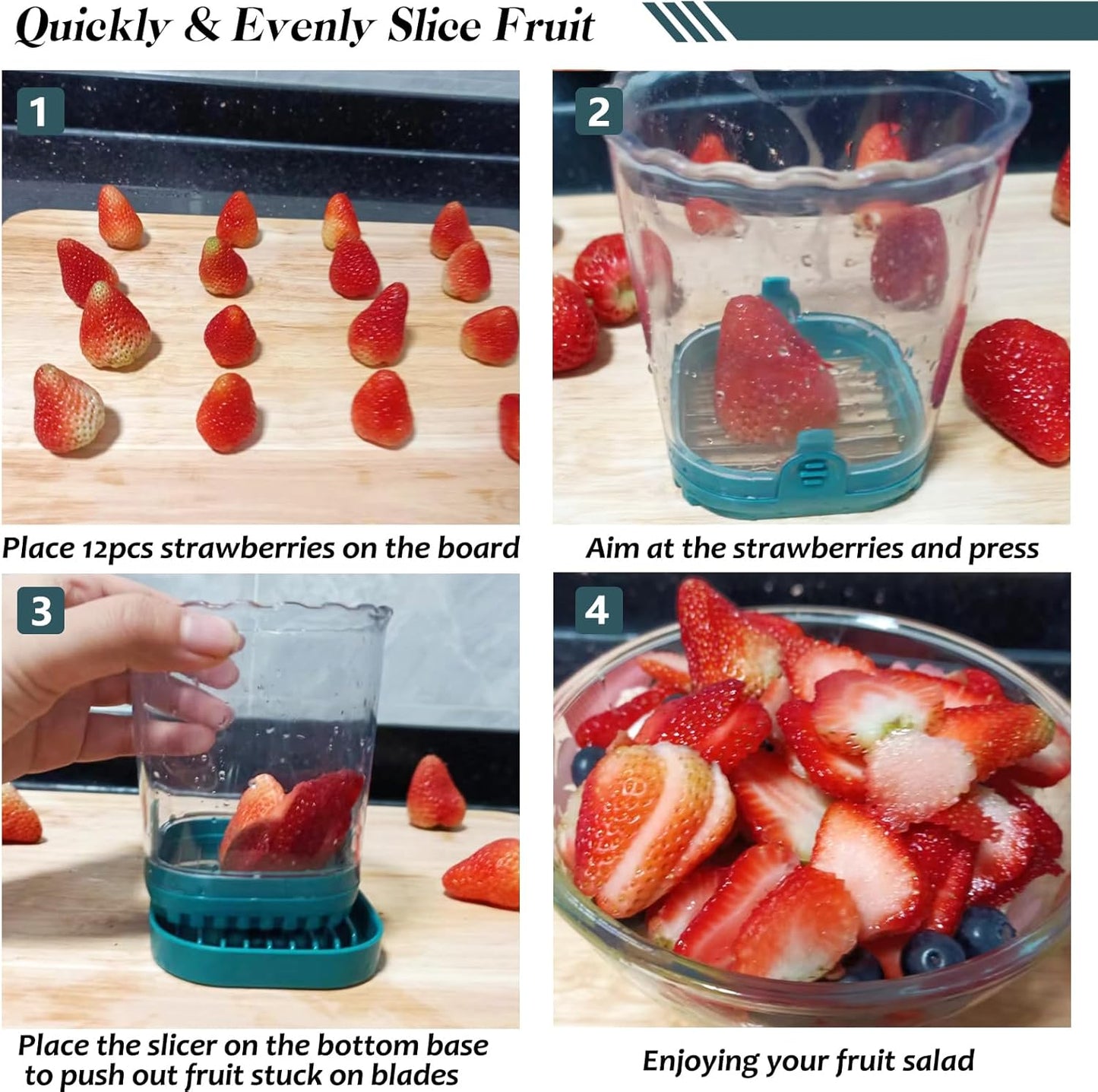 Creative Strawberry & Fruit Slicer - Detachable Cutter with Push Plate (Black)