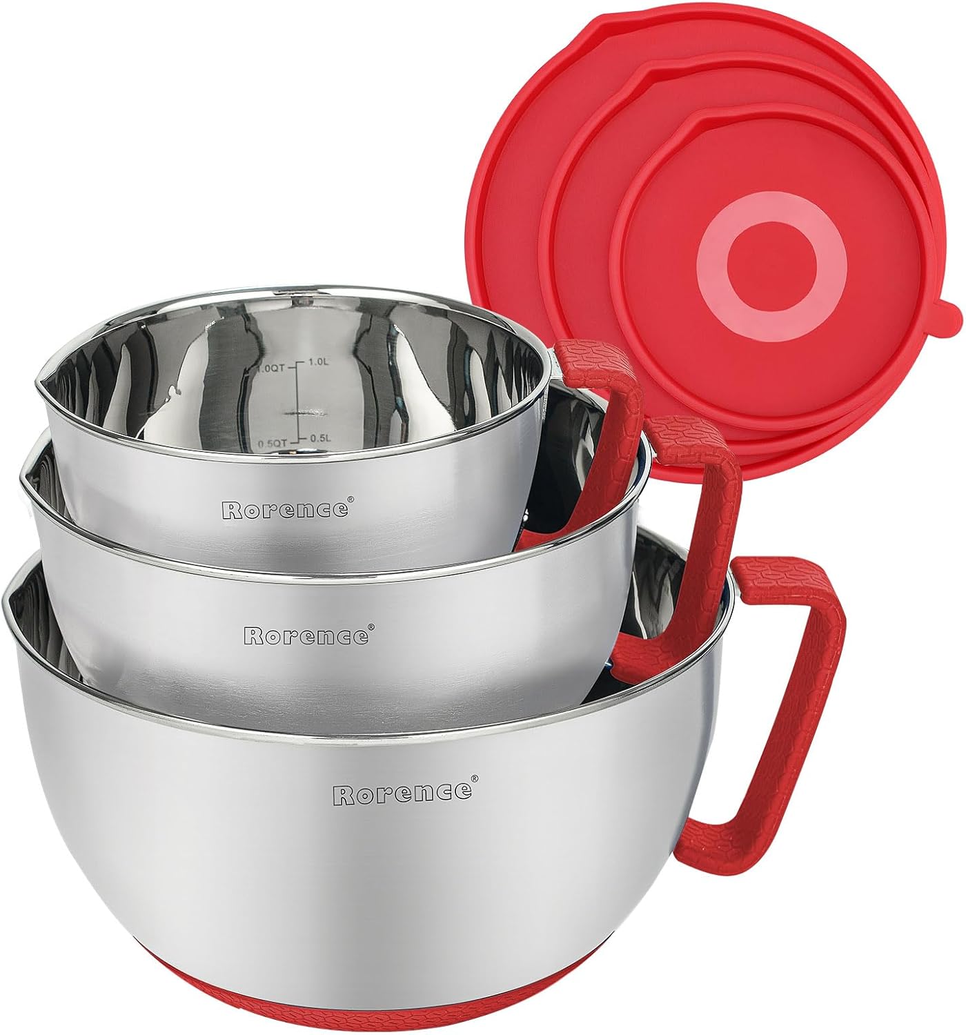 Rorence Stainless Steel Non-Slip Mixing Bowls With Pour Spout, Handle and Lid, Set of 3, Black
