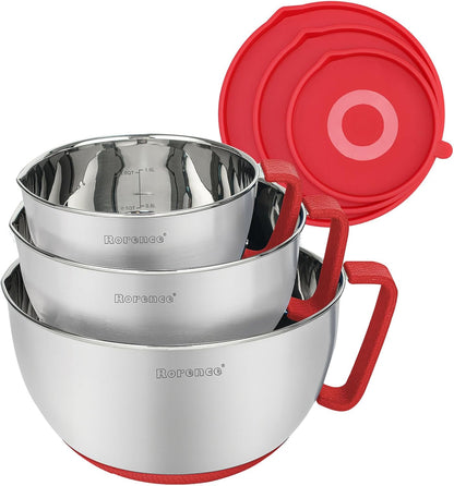 Rorence Stainless Steel Non-Slip Mixing Bowls With Pour Spout, Handle and Lid, Set of 3, Black