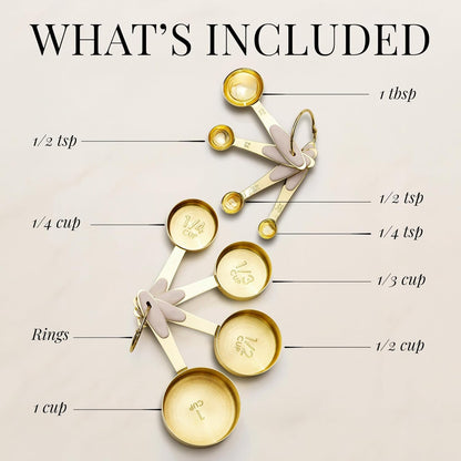 STYLED SETTINGS Gold Measuring Cups and Spoons Set – Stackable 8-Piece Brass Measuring Cups and Spoons – Stylish and Sturdy Gold Kitchen Accessories for Baking and Cooking