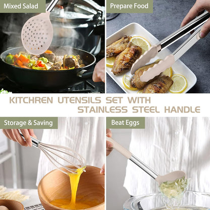 Silicone Cooking Utensil Set, Umite Chef 15pcs Silicone Cooking Kitchen Utensils Set, Non-stick - Best Kitchen Cookware with Stainless Steel Handle - Black Kitchen Utensils