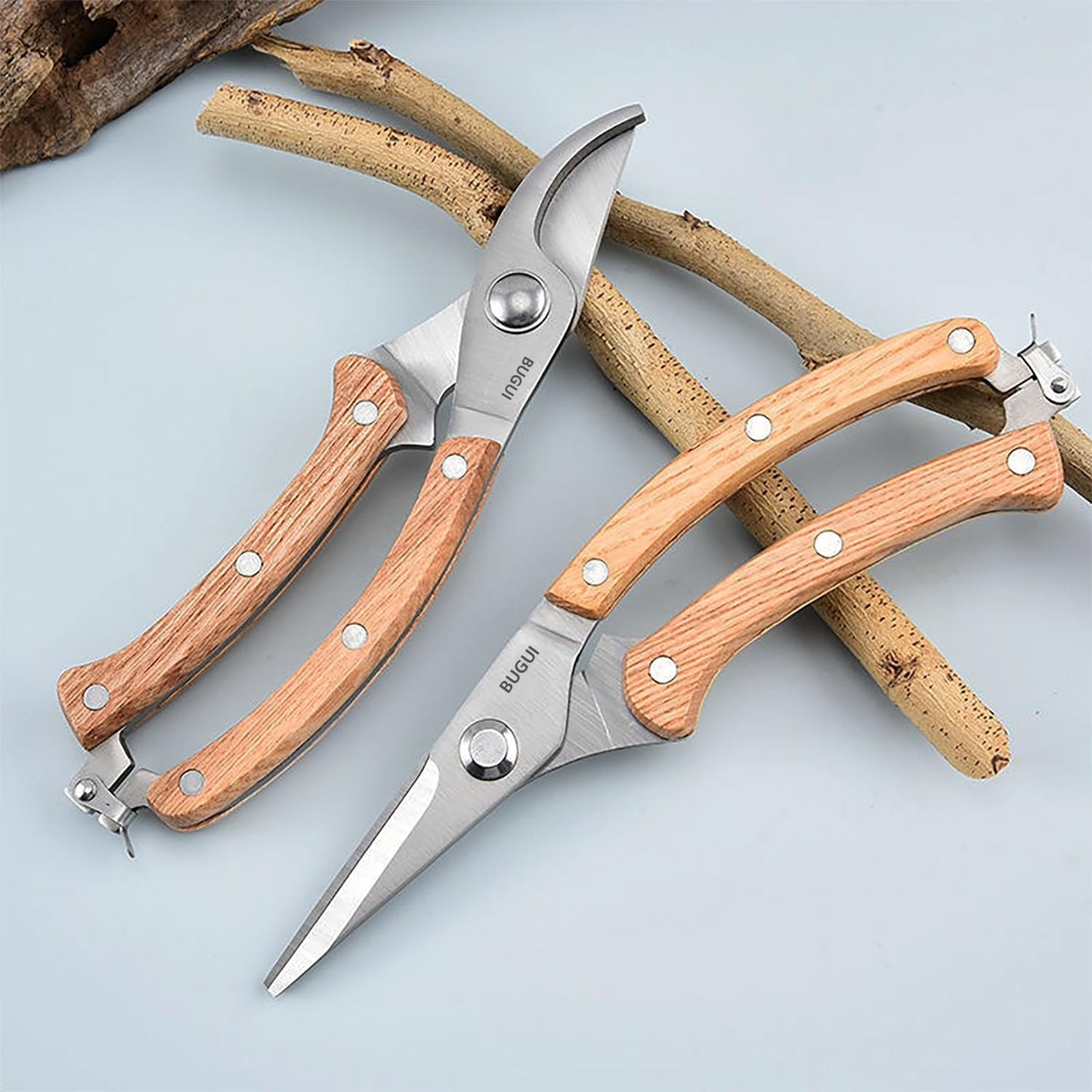 BUGUI Garden Shears Set of 2, Includes 1 Bypass Pruning Shears and 1 Straight Blade Garden Scissors, Sharp, Lightweight