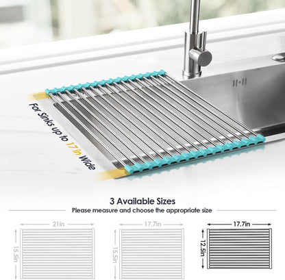 Tomorotec 17.7" x 15.5" Roll Up Dish Drying Rack Over Sink Drying Rack Sink Cover Kitchen Sink Accessories Gadget Multipurpose Organizer Foldable Stainless Steel Drainer