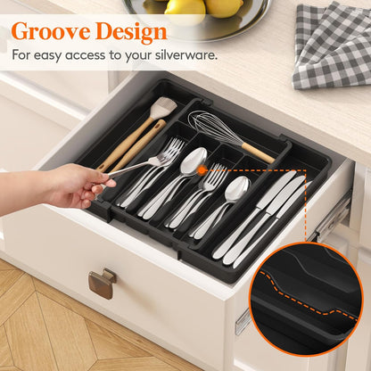 Lifewit Silverware Drawer Organizer, Expandable Utensil Tray for Kitchen, BPA Free Flatware and Cutlery Holder, Adjustable Plastic Storage for Spoons Forks Knives, 11-18 x 14", Black