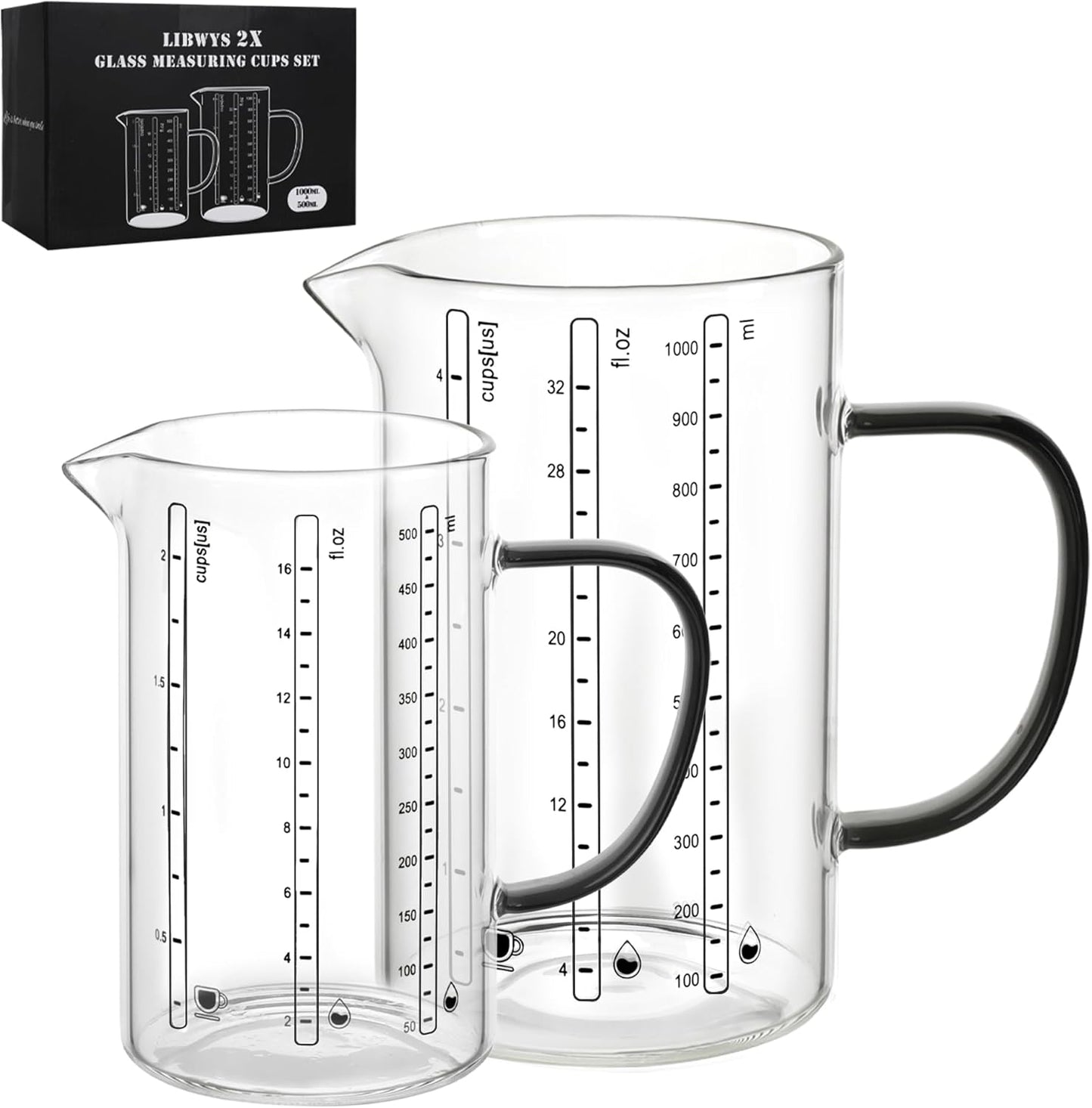 LIBWYS Glass Measuring Cup, 1000ml (32oz)+500ml (16oz) with Anti-slip Silicone Pad, Heat-resistant Borosilicate Glass Liquid Measuring Cup