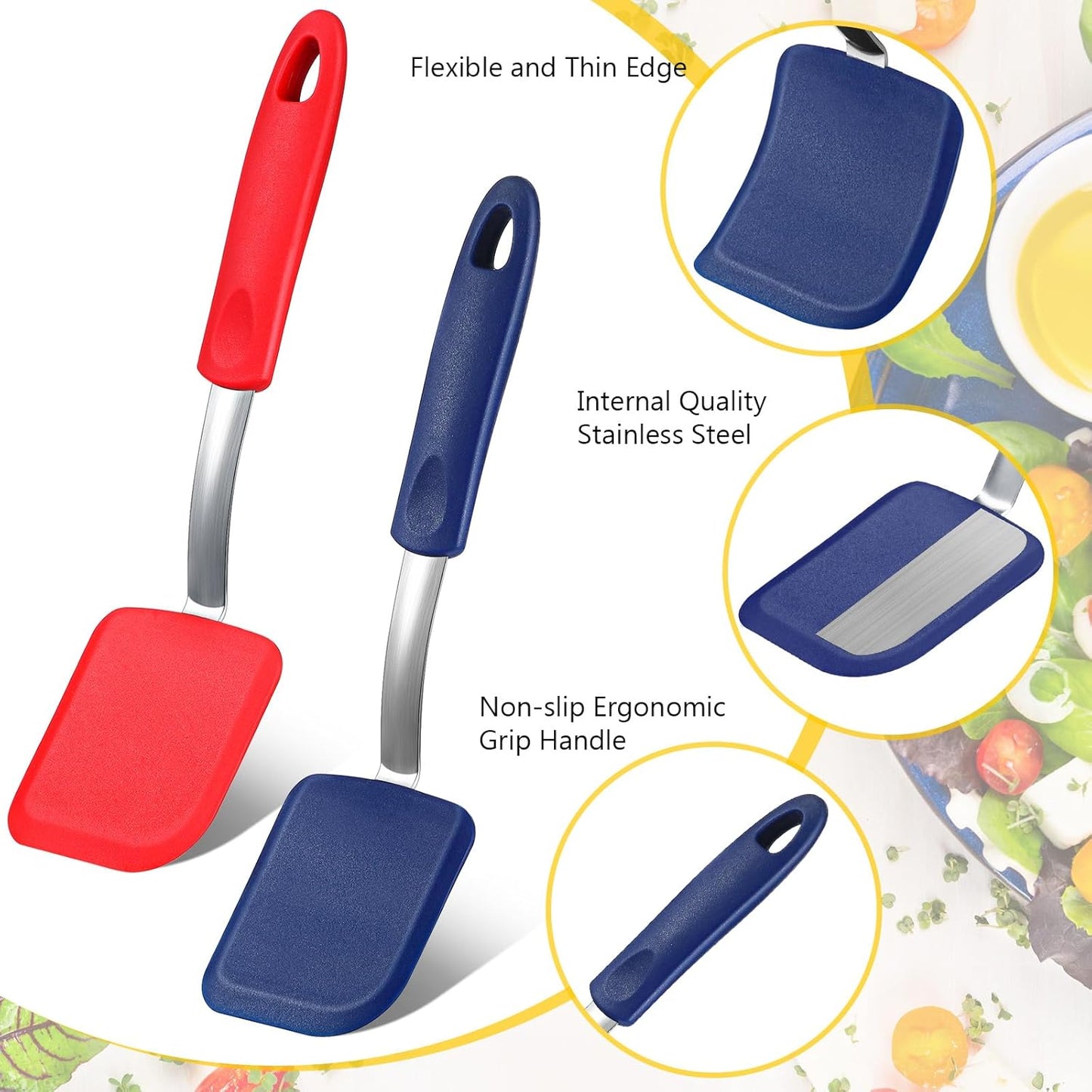 Silicone Cookie Spatula Turner 2 Pack Mini Brownie Spatula Flexible Kitchen Small Silicone Turner for Nonstick Cookware Heat Resistant No Scratch Flipper for Pancake(Solid Flat,Gray, Blue)