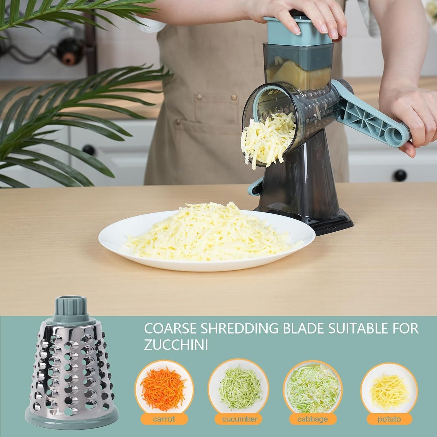 Rotary Cheese Grater with Handle-Versatile Cheese Grater Non-Slip Suction Base,Cheese Shredder & Food Slicer for Cheese,Carrots, Cucumbers,Nuts-Compact & Easy Clean Kitchen Kitchen Tool (blue)