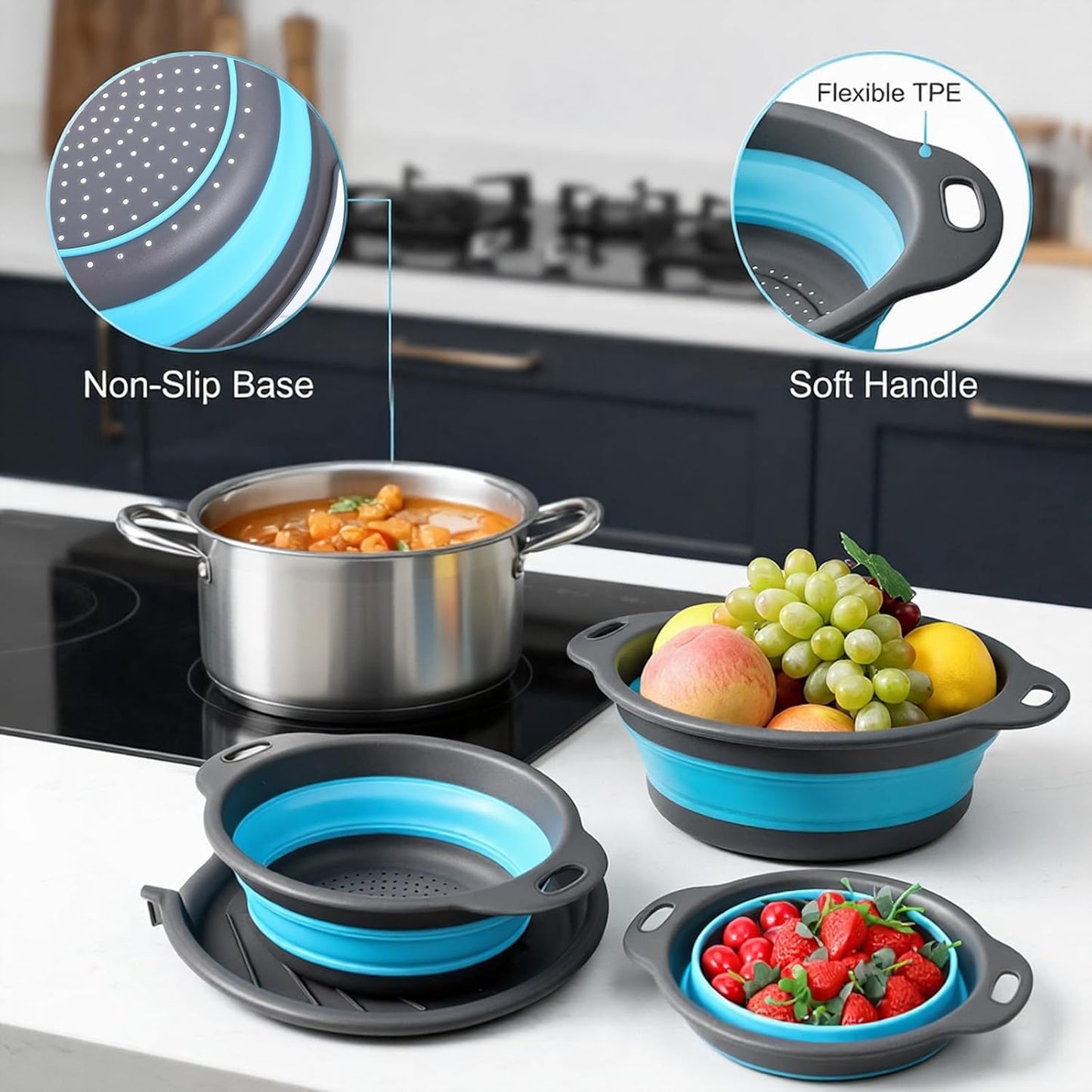 3-Pack Foldable Colander Set with Over-Sink Draining Tray, Foldable Kitchen Strainers, Space Saving Kitchen Drainer for Vegetables, Fruit, Pasta and Rice (Blue&Gray)