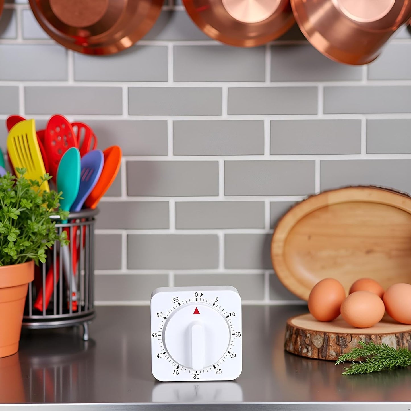 White Timer Clock Square 60-Minute Mechanical Kitchen Timer Wind up Visual Cooking Clock with Loud Alarm No Batteries Required Ideal for Kitchen Cooking Baking Timers