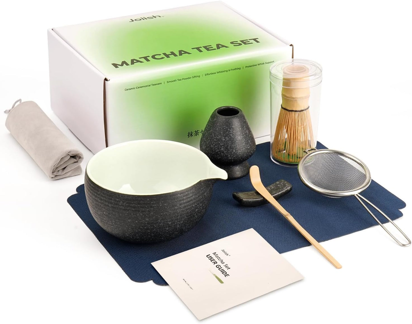 Joiish Matcha Whisk Set, Matcha Kit 10-Pcs, Bamboo Whisk and Ceramic Bowl with Spout & Measuring Spoon & Cup, Japanese Ceremony Matcha Tea Powder Making Tools, Light Green